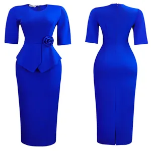 Elegantes kobaltblaues Schößchenkleid mit 3D-Blume in Vorder- und Rückansicht gezeigt
