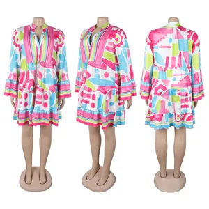 Multi-angle view of colorful floral print V-neck loose short dress on mannequin