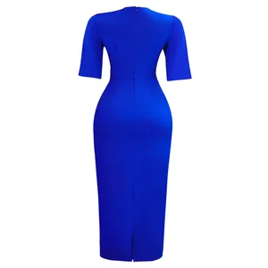 Elegantes königsblaues Kurzarm-Bodycon-Midikleid mit Rückenschlitz und Reißverschluss-Detail