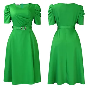 Front and back detail of a vibrant green V-neck dress with puff sleeves and a belt.