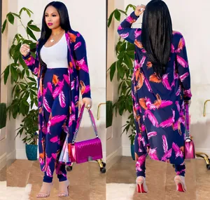 Detail view showing front and back of women's feather print cardigan and leggings set