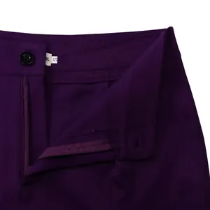 Vista dettagliata della vita di pantaloni da abito viola scuro con zip e bottone