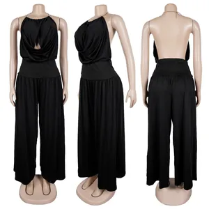 Detailed three-view shots of black halter neck pleated top and wide-leg pants set