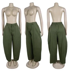 High-waisted olive green wide-leg trousers shown from front, side, and back angles on a mannequin