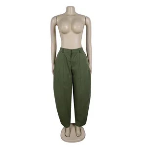 Detailed full-length view of olive green loose fit trousers on a female mannequin.