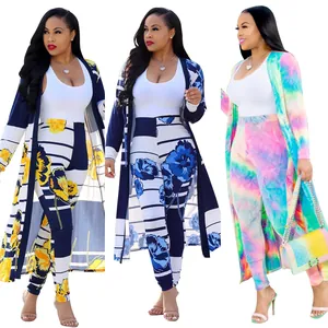 Women's three-piece outfit set featuring floral and tie-dye printed cardigans and pants