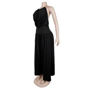 Detailed view of an elegant black halter neck pleated top and wide leg pants set