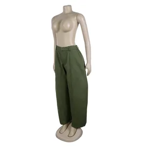 Detail view of olive green wide-leg trousers with a loose commuter silhouette