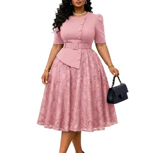 Elegant pink plus size midi dress with lace skirt and asymmetrical button-down detail