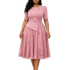 Elegant pink lace patchwork dress with high waist, decorative buttons and belt detail.