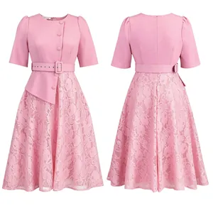 Front and back detail of a pink lace-spliced high-waist dress for summer fashion
