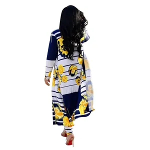 Rear view of a stylish long sleeve cardigan two-piece set featuring yellow floral and blue stripe prints