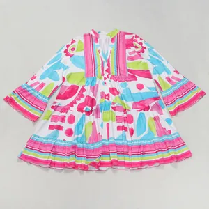 Colorful abstract floral print mini dress with V-neck and tiered ruffle skirt detail