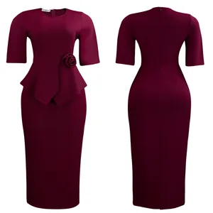 Elegantes burgunderfarbenes Schößchen-Midikleid mit 3D-Blume und Vorder-Rückansicht
