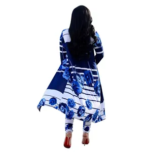 Detailed back view of a stylish blue and white floral print cardigan and leggings set