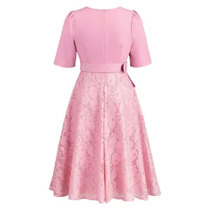 Back view detail of elegant pink lace patchwork high waist summer dress for women