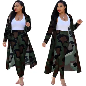 Front and side view of a women's two-piece camouflage cardigan and leggings set.