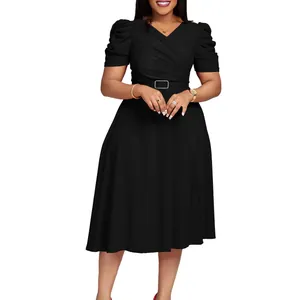 Elegant black V-neck midi dress with puffed sleeves and stylish belted waist detail