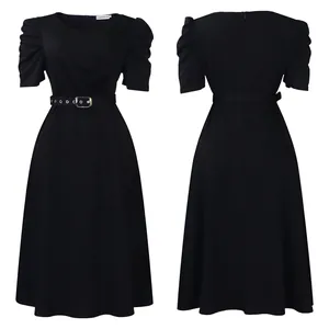 Front and back views of a black midi dress with puffed sleeves and belt