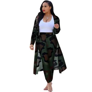 Detailed view of women's camouflage print long cardigan and leggings two-piece set.