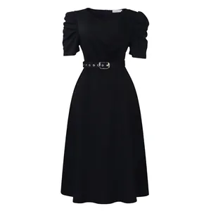 Elegant black V-neck A-line dress with pleated puff sleeves and buckled waist belt