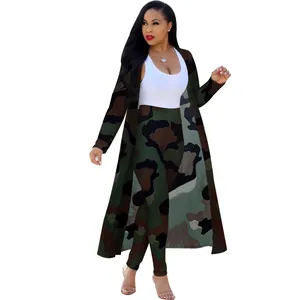 Full view of women's sexy camouflage print cardigan and leggings set with white tank top.