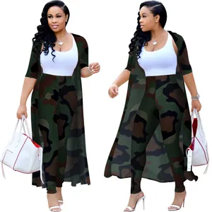 Women's two-piece camouflage print set including long cardigan and matching leggings