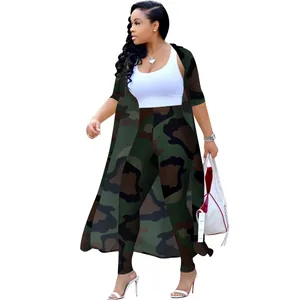 Detailed view of women's sexy camouflage print cardigan and leggings outfit for night club.
