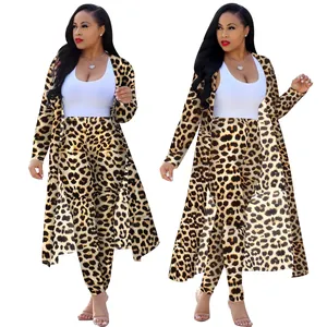 Sexy women's two-piece set with a long leopard print cardigan and matching leggings
