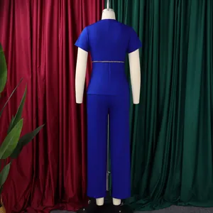 Rear view of a royal blue short-sleeve top and straight pants two-piece set.