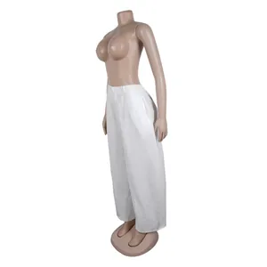 Side profile detail of white wide-leg loose casual trousers on a standing mannequin