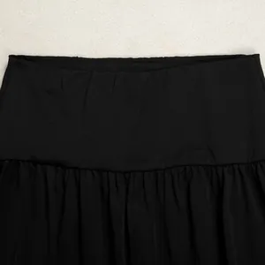 Detailed view of the waistband on black wide-leg trousers featuring elegant pleated fabric