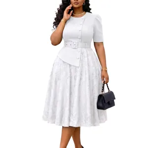 Detailed view of white lace stitching high waist plus size fake two-piece dress