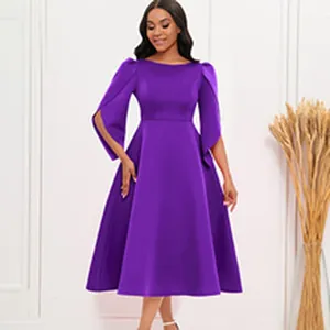 Elegant solid purple midi A-line dress featuring unique flared split sleeves for women