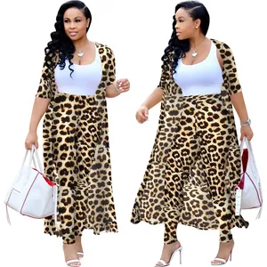 Detailed full-body view of a sexy leopard print three-piece outfit with long cardigan