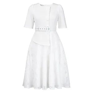 Front view of white blazer-style bodice with lace patchwork midi skirt and matching belt