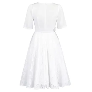 Detailed back view of a white lace patchwork high waist elegant summer dress for women