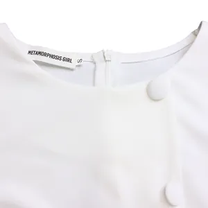 Close-up of white summer dress neckline featuring a back zipper and brand label details