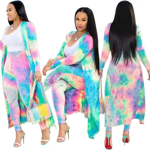 Detail view of tie-dye 2-piece set with long cardigan and matching leggings