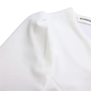 Close-up detail of white puff sleeve and neckline texture on women's fashion dress.