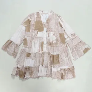 Full view of elegant loose floral print V-neck patchwork mini dress with ruffled sleeves