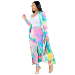 Sexy colorful tie-dye three-piece set including a long cardigan and matching slim pants
