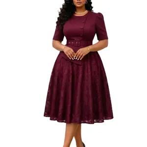 Elegant burgundy lace stitching dress with high waist belt and floral skirt details.