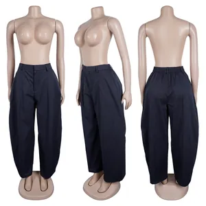 Three-view display of women's loose silhouette black commute casual trousers.