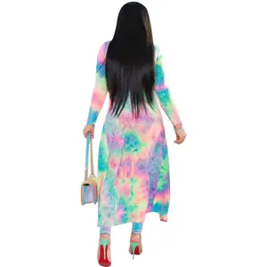 Back view showing full detail of sexy colorful tie-dye cardigan and leggings 2-piece set