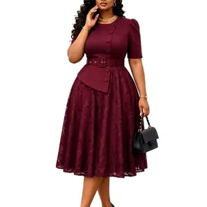 Elegant burgundy fake two-piece dress featuring lace stitching and a high waist design.