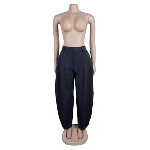 High-waisted navy blue loose silhouette trousers for women in a professional workwear style