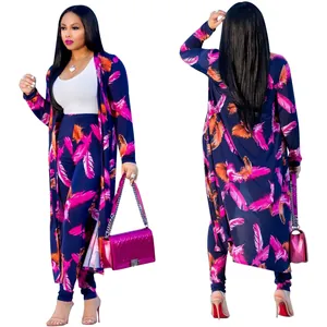 Front and back view of a women's floral feather print cardigan and pants set