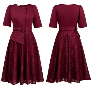 Detailed view showing the front and back of a burgundy lace patchwork high-waist dress
