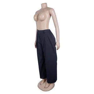 Full length view of navy blue wide-leg loose trousers on a female mannequin model